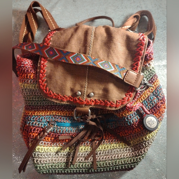 The Sak Striped Woven Boho Avalon Backpack with Artisanal Crochet Design Leather - Picture 1 of 13